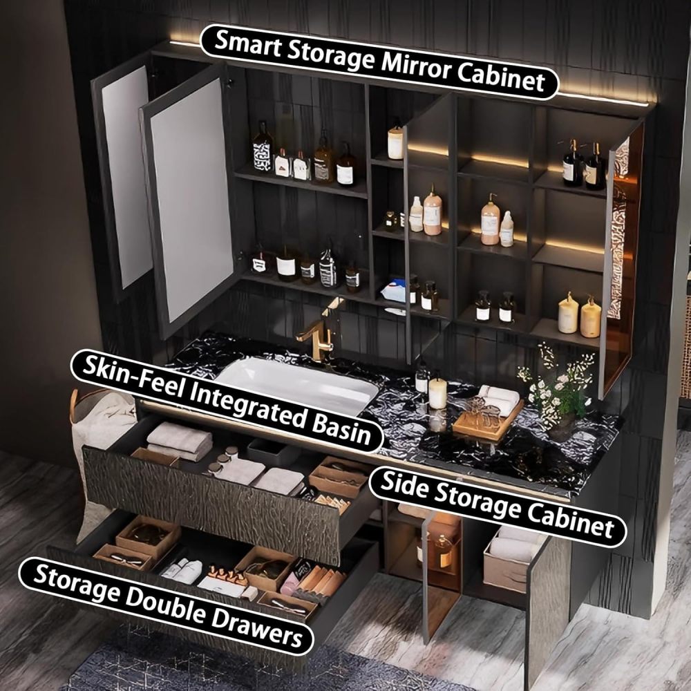 52IN Bathroom Vanity - Luxury Bathroom Vanity with Sink & Multiple Storage Area, Modern Sink Cabinet with Smart Defog Mirror and Smart Motion Sensor Light, No Assembly Required, Brown