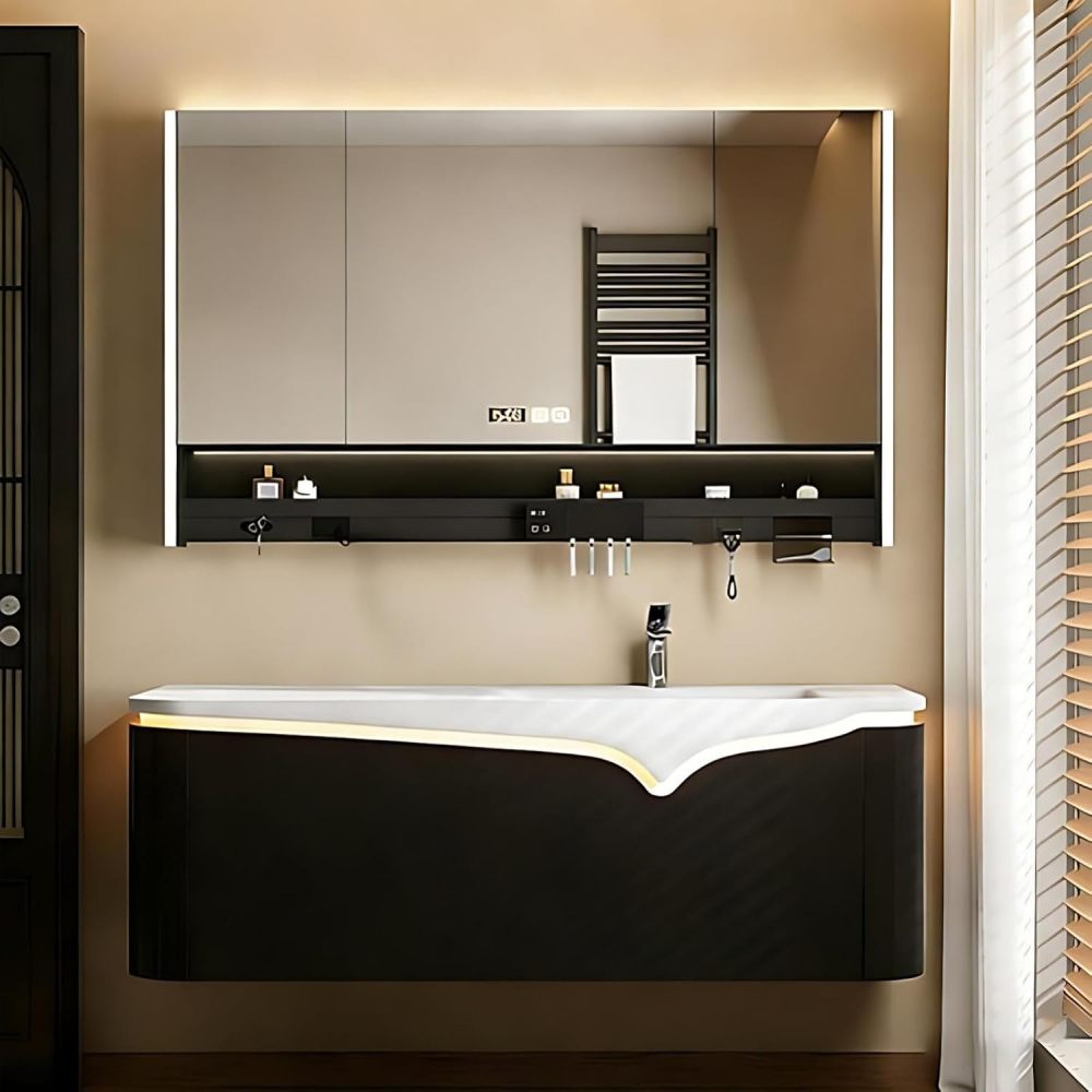 72IN Bathroom Vanity with Sink - Modern Bathroom Vanity with 3 Drawers, Solid Wood Sink Cabinet with Smart Defog Mirror, Complete Accessories, No Assembly Required, Black - Mirror Cabinet