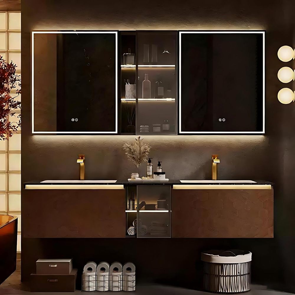 80IN Bathroom Vanity with Sink - Bathroom Sink Cabinet with Motion Sensor Lighting, Wall-Mounted Vanity, Intelligent Defogging, Waterproof, Customizable - Complete Accessories, Brown