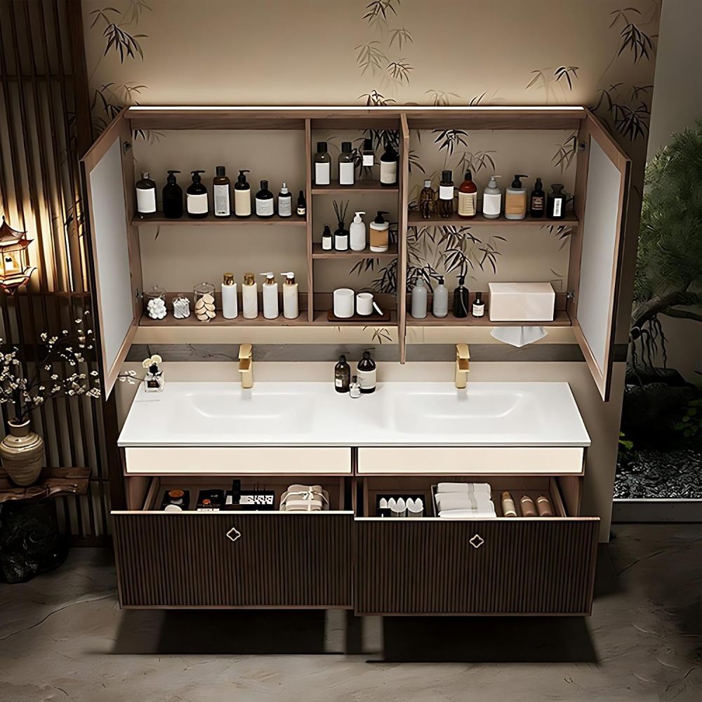 88IN Double Sink Bathroom Vanity - Modern Bathroom Vanity with Smart Defog Mirror & 2 Large Capacity Drawers, Floating Sink Cabinet with Seamless Sink, No Assembly Required, Mirror Cabinet