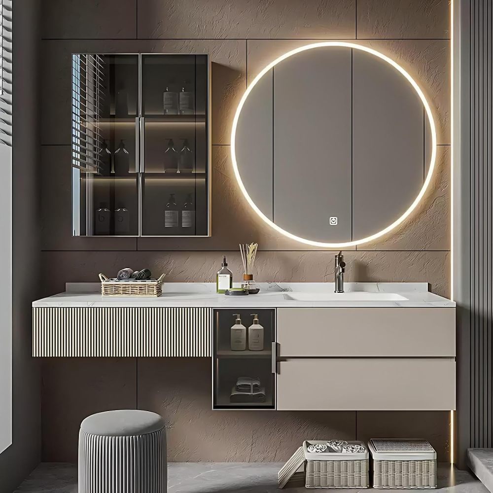 94IN Bathroom Vanity with Sink - Floating Vanity with Makeup Chair, Solid Wood Bathroom Sink Cabinet, Smart Defogging Mirror, Easy to Clean, Custom Sizes - Complete Accessories, White