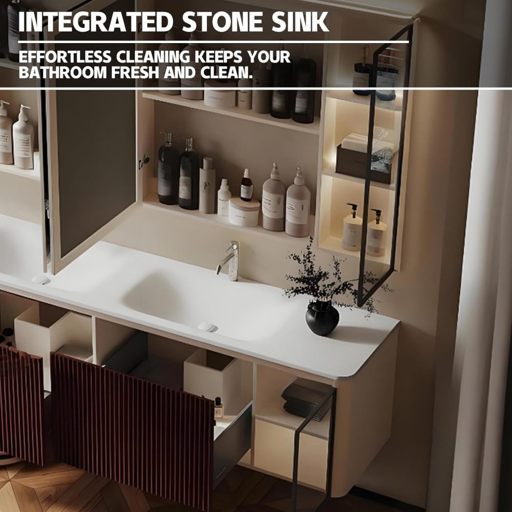 66IN Modern Solid Wood Bathroom Vanity with Sink - Double Floating Sink Design, Bathroom Vanity Cabinet with Smart Anti-Fog Mirror & Ample Storage - Custom, Mirror Cabinet
