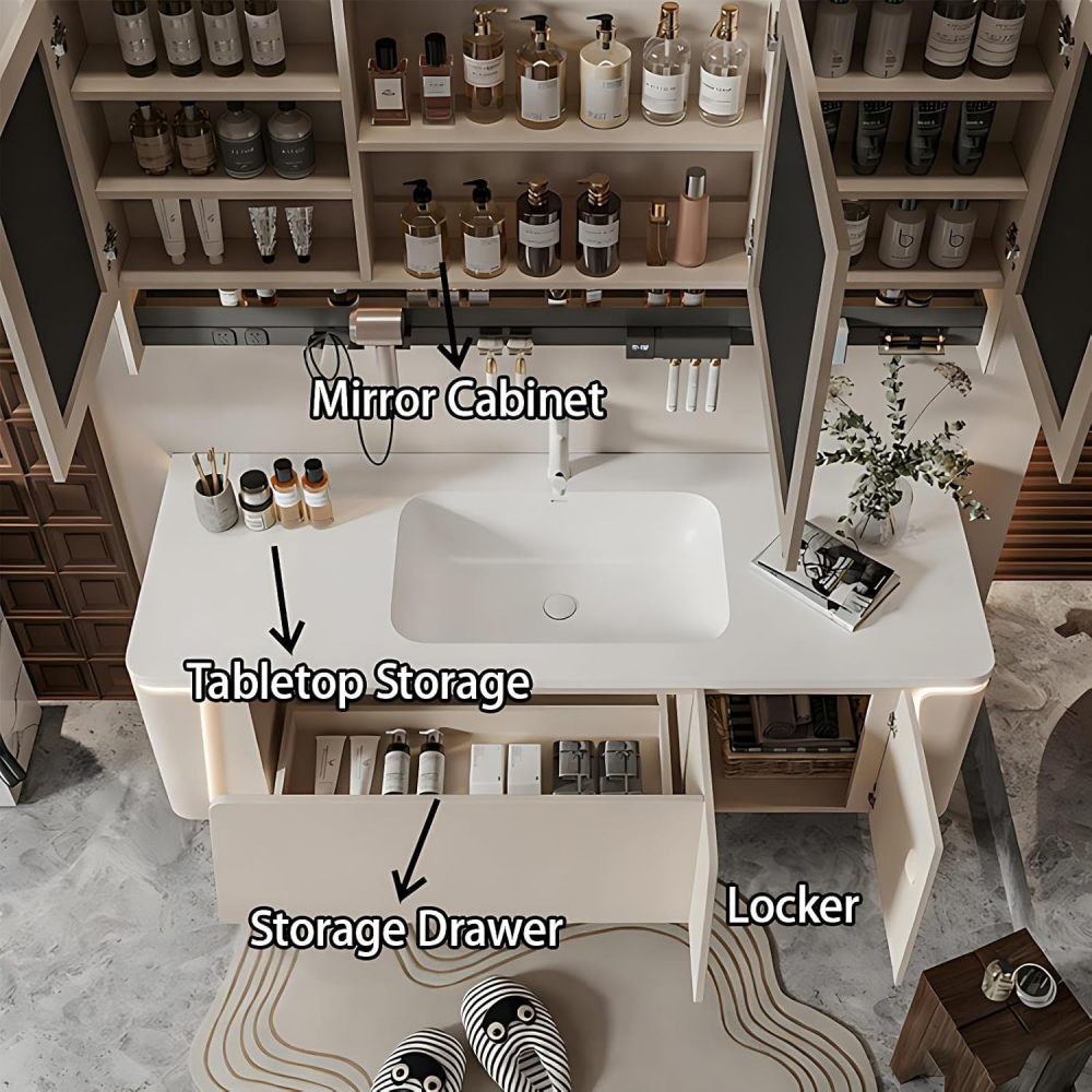 98IN Bathroom Vanity with Sink - Bathroom Vanity Cabinet with Defogger, Single Floating Sink Design, Waterproof & Moisture-Proof, Customizable Sizes - Complete Accessories, White
