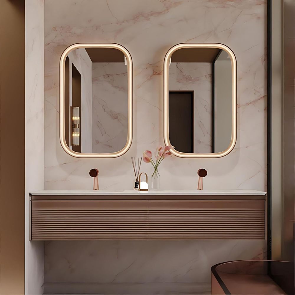 54IN Double Sink Bathroom Vanity - Solid Wood Bathroom Vanity with Smart Defog Mirror, One-Touch Defog & Lighting, Floating Sink Cabinet with 2 Drawers, No Assembly Required