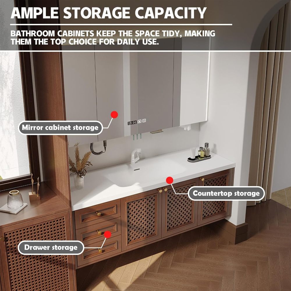 80IN Solid Wood Bathroom Vanity with Sink - Modern Single Bathroom Vanity Cabinet with Smart Defog Mirror & Ample Storage, Waterproof,Floating Design - Custom, Brown