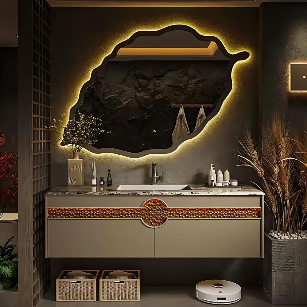 94IN Bathroom Vanity with Sink - Modern Bathroom Sink Cabinet with Smart Sensor Light&Smart Defrost Mirror, Solid Wood Floating Vanity, Customizable - Complete Accessories, Brown