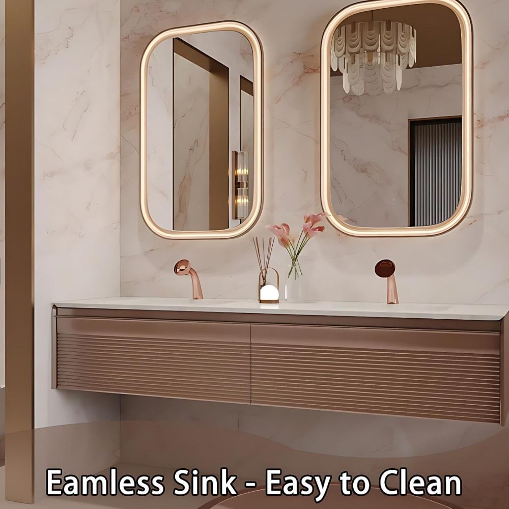 54IN Double Sink Bathroom Vanity - Solid Wood Bathroom Vanity with Smart Defog Mirror, One-Touch Defog & Lighting, Floating Sink Cabinet with 2 Drawers, No Assembly Required