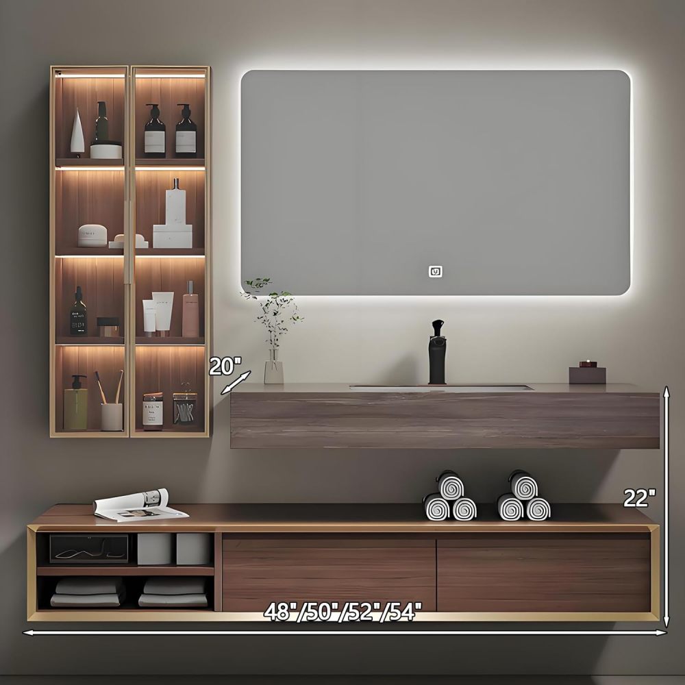 50IN Bathroom Vanity with Sink - Farmhouse Bathroom Vanity Cabinet with Smart Defogger Mirror, Seamless Rock Slab Sink & Ample Storage, Multi-Layered Wood - Easy to Install, Black