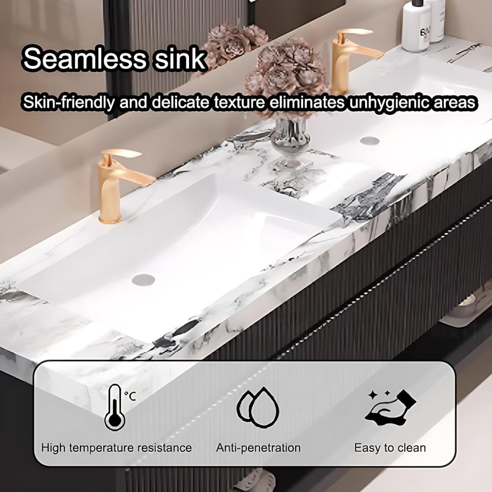 80IN Bathroom Vanity with Sink - Solid Wood Bathroom Vanity with Seamless Sink and 3 Drawers, Includes Smart Defog Mirror, One-Touch Defog & Lighting, No Assembly Required, Off - White