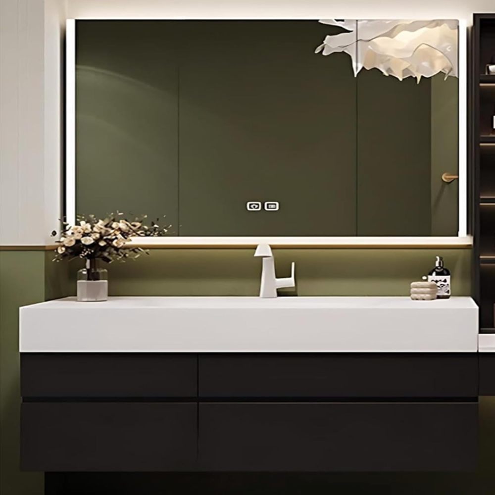 Bathroom Vanity with Sink - Floating Bathroom Vanity with Smart Anti Fog Mirror, Elegant Sink Cabinet with Multifunctional Storage, Includes Makeup Stool (48IN,Black-B)