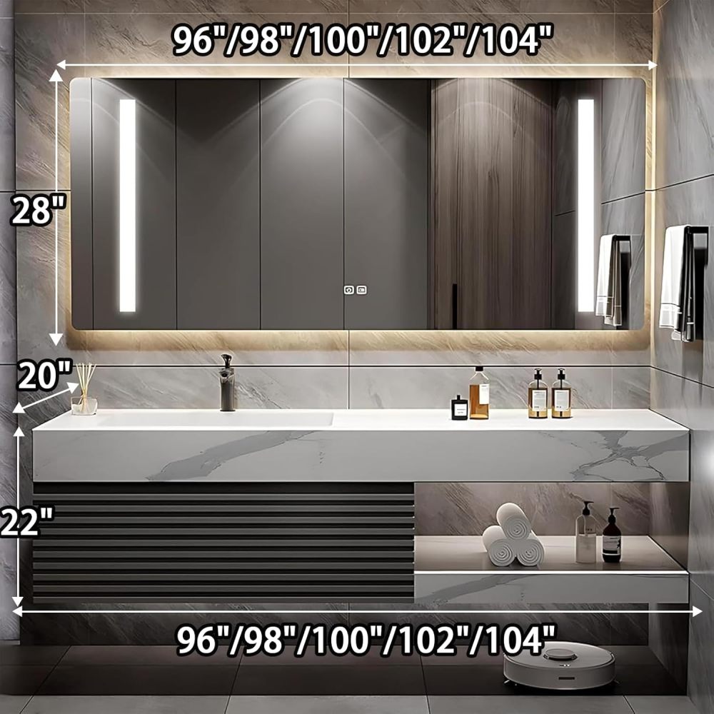 102IN Bathroom Vanity - Modern Bathroom Vanity with Anti-Fog Mirror Cabinet, One-Touch Defog & Lighting, Floating Sink Cabinet with Storage & Seamless Sink, No Assembly Required, Gary