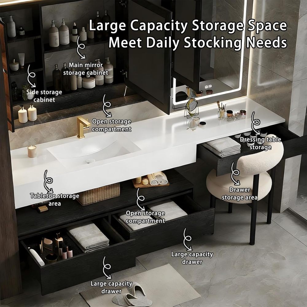 86IN Bathroom Vanity with Sink - Floating Bathroom Vanity with Smart Defog Mirror & Makeup Vanity, Modern Sink Cabinet with Storage, Includes Makeup Stool, No Assembly Required, Black