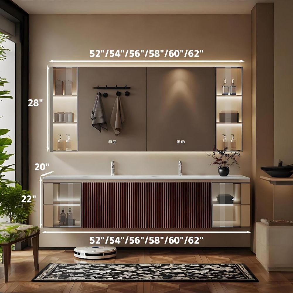 66IN Modern Solid Wood Bathroom Vanity with Sink - Double Floating Sink Design, Bathroom Vanity Cabinet with Smart Anti-Fog Mirror & Ample Storage - Custom, Mirror Cabinet