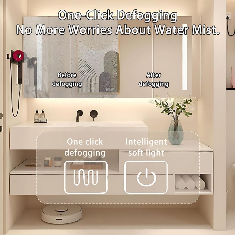 86IN Bathroom Vanity with Sink - Modern Bathroom Vanity with Smart Defog Mirror Cabinet, One-Touch Defog & Lighting, Solid Wood Sink Cabinet with 2 Drawers & Open Storage, Wood - B