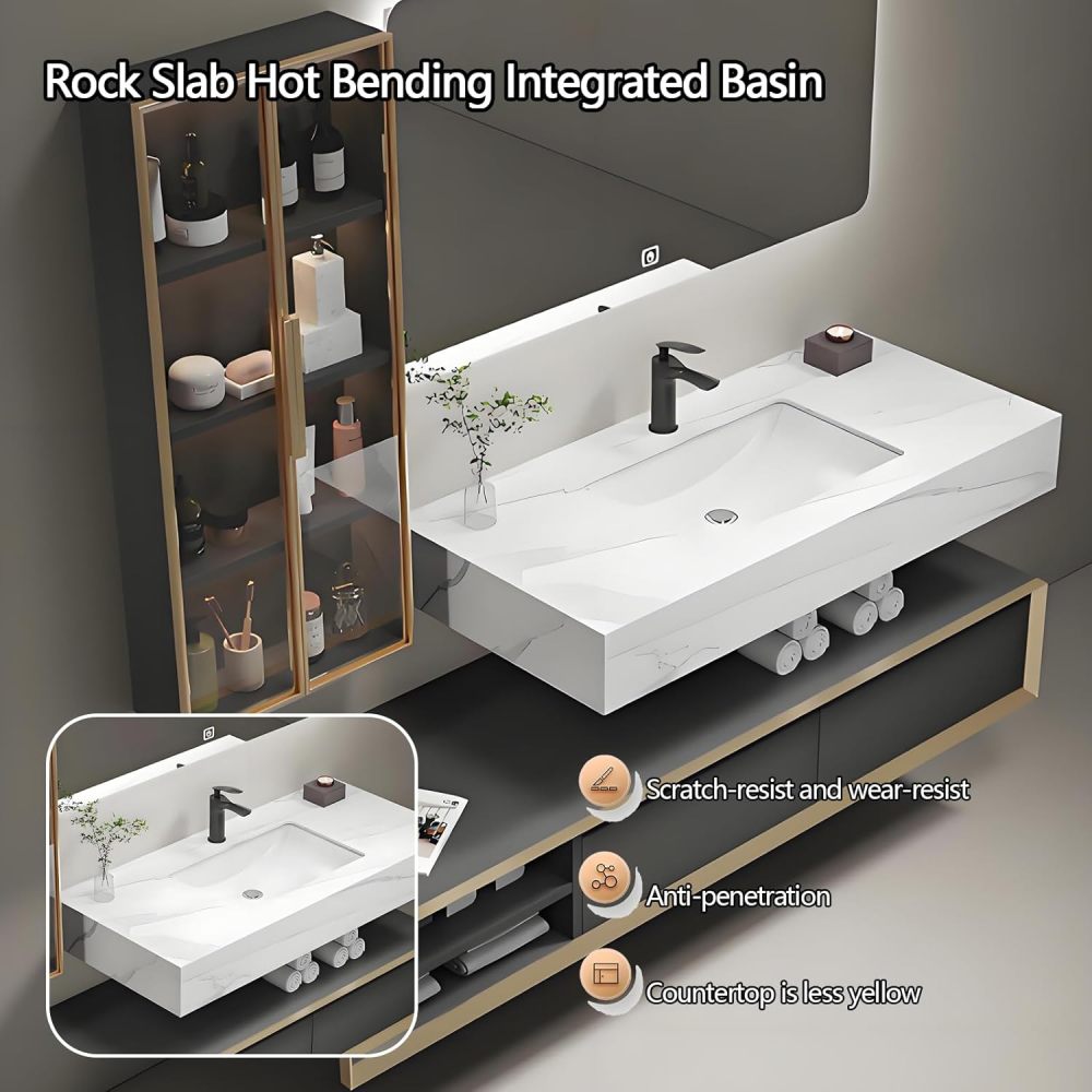 50IN Bathroom Vanity with Sink - Farmhouse Bathroom Vanity Cabinet with Smart Defogger Mirror, Seamless Rock Slab Sink & Ample Storage, Multi-Layered Wood - Easy to Install, Black