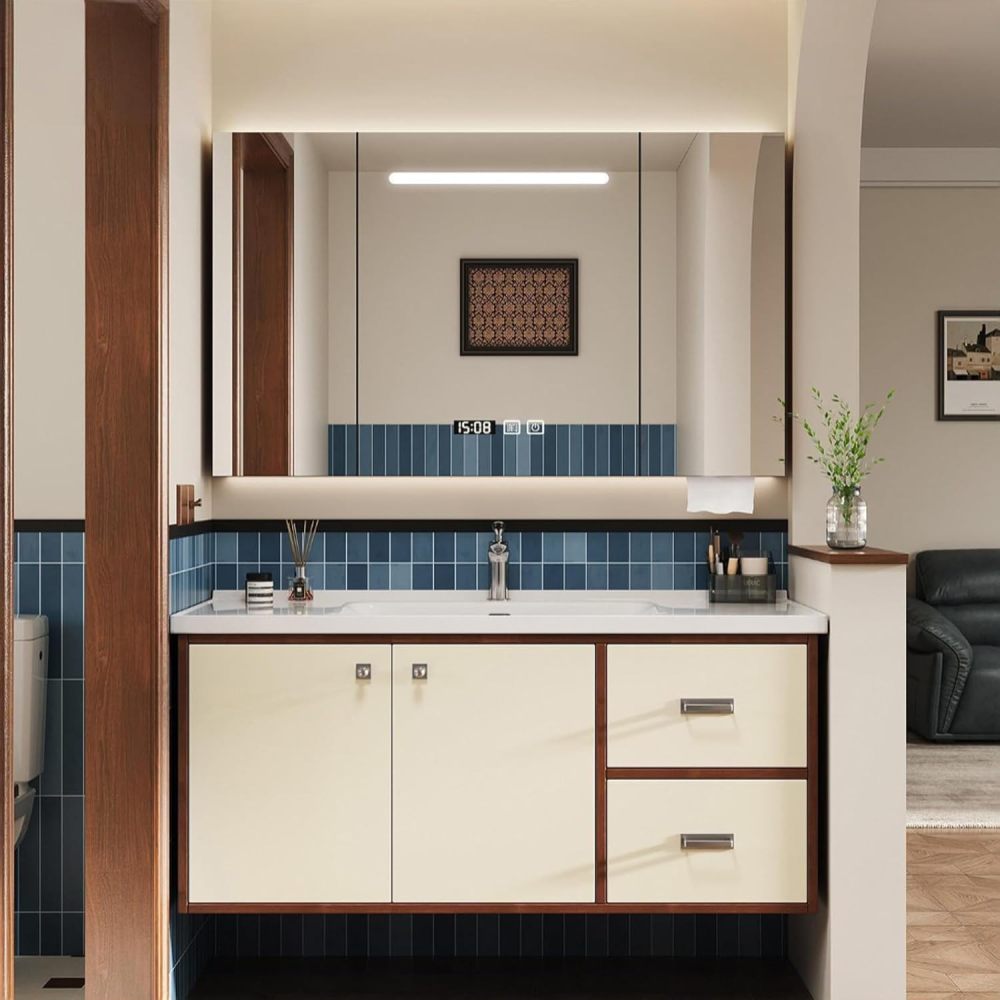52IN Modern Solid Wood Bathroom Vanity with Sink - Floating Vanity Cabinet, Intelligent Defogging Mirror, One-Piece Stone Sink, Spacious Storage, Waterproof & Customizable Sizes, Mirror C