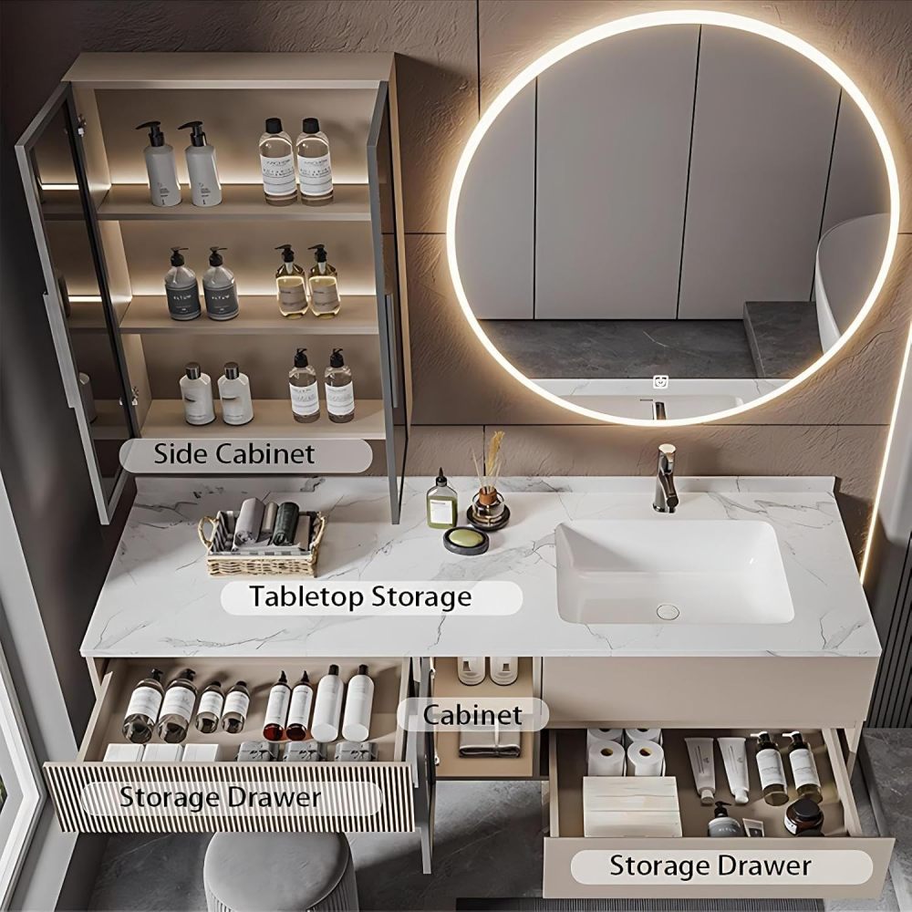 94IN Bathroom Vanity with Sink - Floating Vanity with Makeup Chair, Solid Wood Bathroom Sink Cabinet, Smart Defogging Mirror, Easy to Clean, Custom Sizes - Complete Accessories, White
