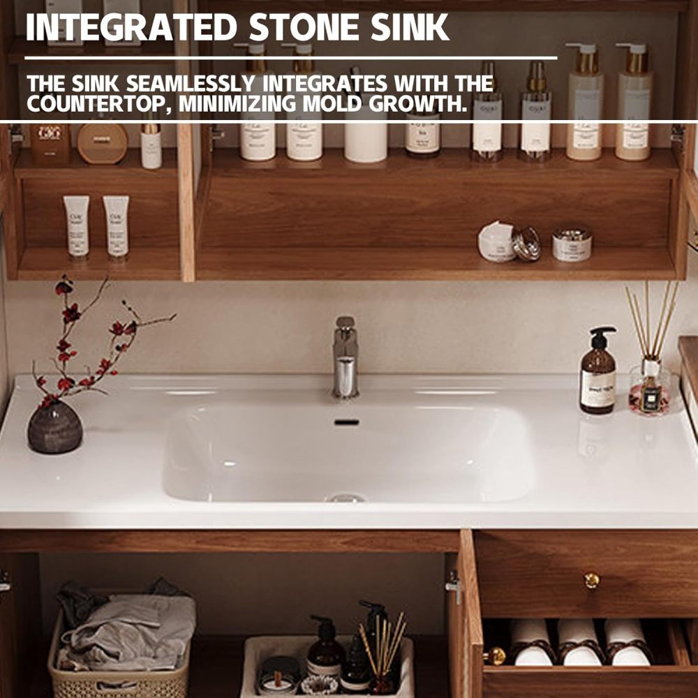 96IN Modern Bathroom Vanity with Sink - Solid Wood Bathroom Vanity Cabinet with Smart Anti-Fog Mirror & Integrated Stone Sink, Waterproof, Spacious Storage - Customizable Sizes, Mirror Cabinet