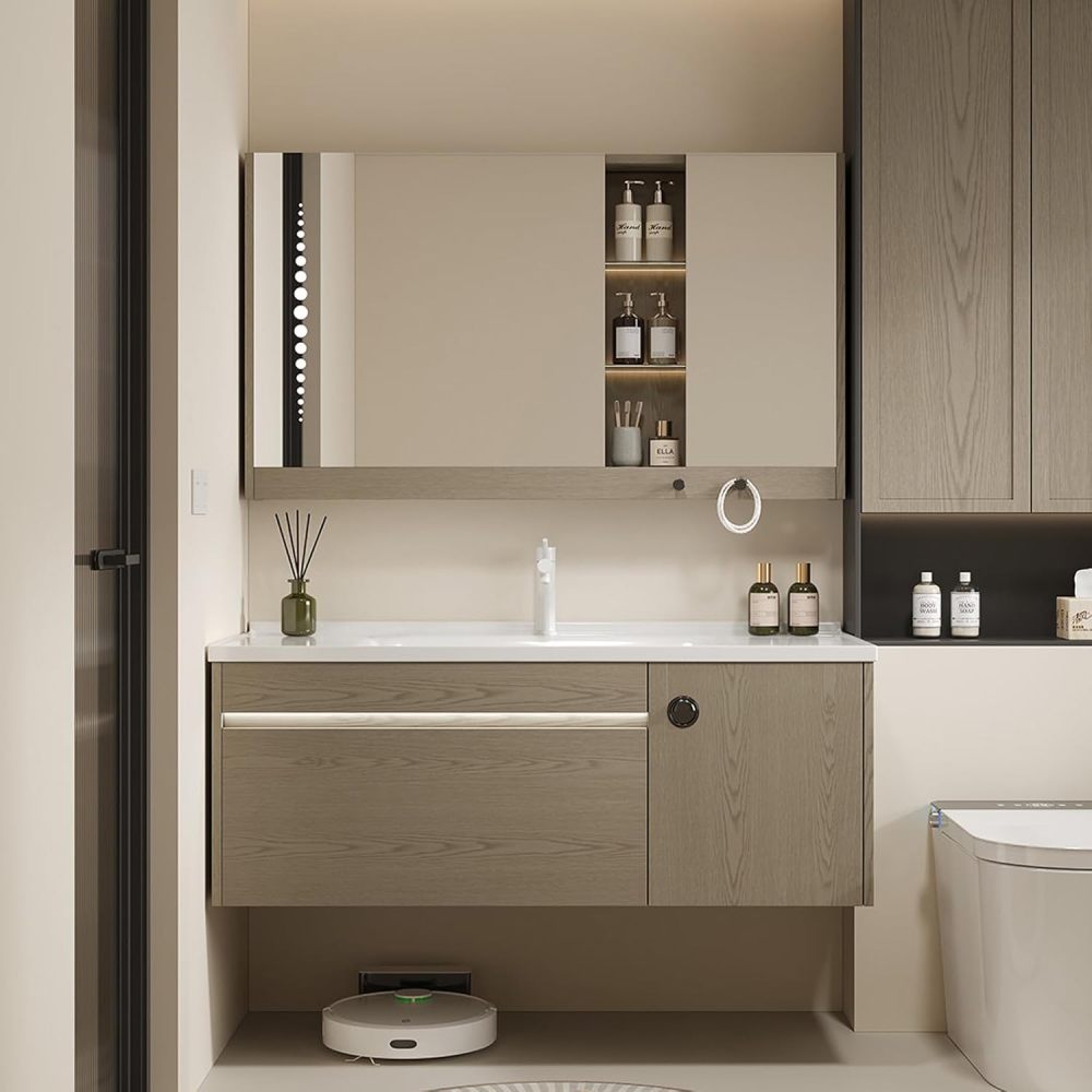 86IN Retro Solid Wood Bathroom Vanity with Sink - Modern Wall-Mounted Floating Vanity Cabinet with Smart Anti-Fog Mirror, Integrated Stone Sink, Multi-Storage for Bathroom, Gray