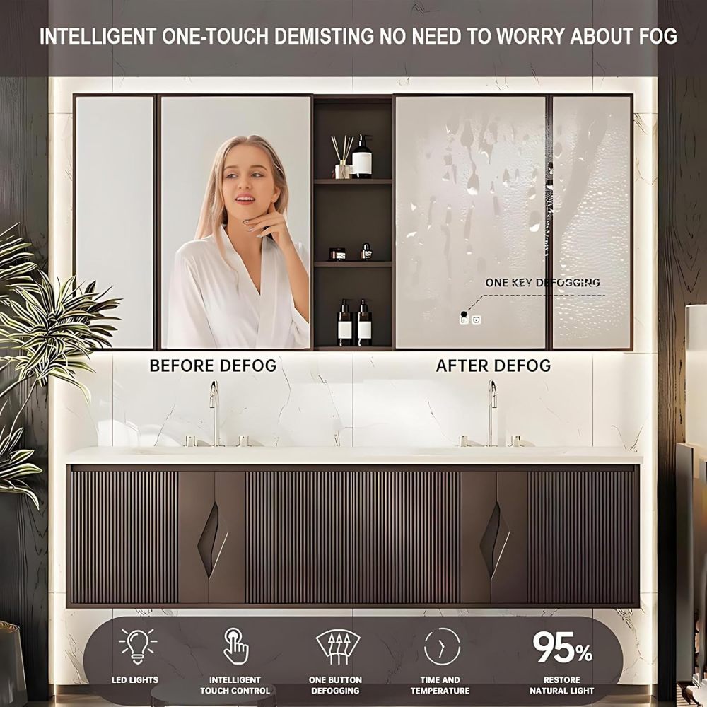 100IN Modern Bathroom Vanity with Sink - Luxury Bathroom Vanity Cabinet with Smart Anti-Fog Mirror, Double Floating Sink Design, Waterproof, Customizable Sizes - Easy to Install, Brown
