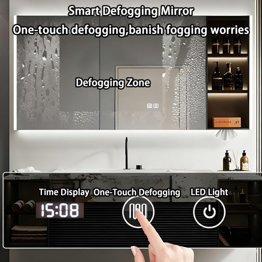 84IN Bathroom Vanity - Modern Bathroom Vanity with Smart Defog Mirror, One-Touch Defog & Lighting, Floating Sink Cabinet with Drawer & Door, No Assembly Required, Black