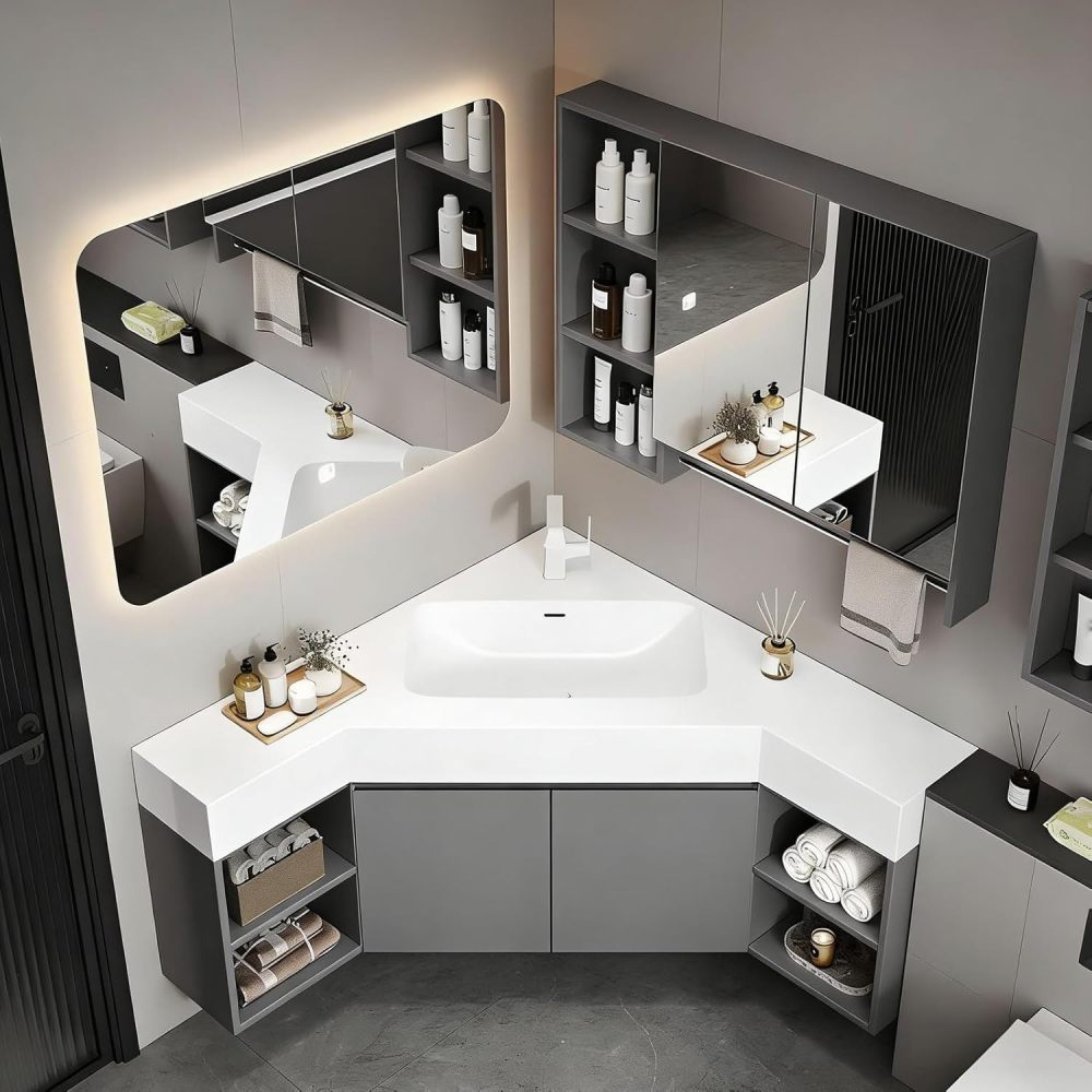 60IN Corner Bathroom Vanity with Sink - Modern Solid Wood Bathroom Vanity Cabinet with Smart Defog Mirror & Storage Mirror Cabinet, Single Floating Sink Design - Complete Accessories