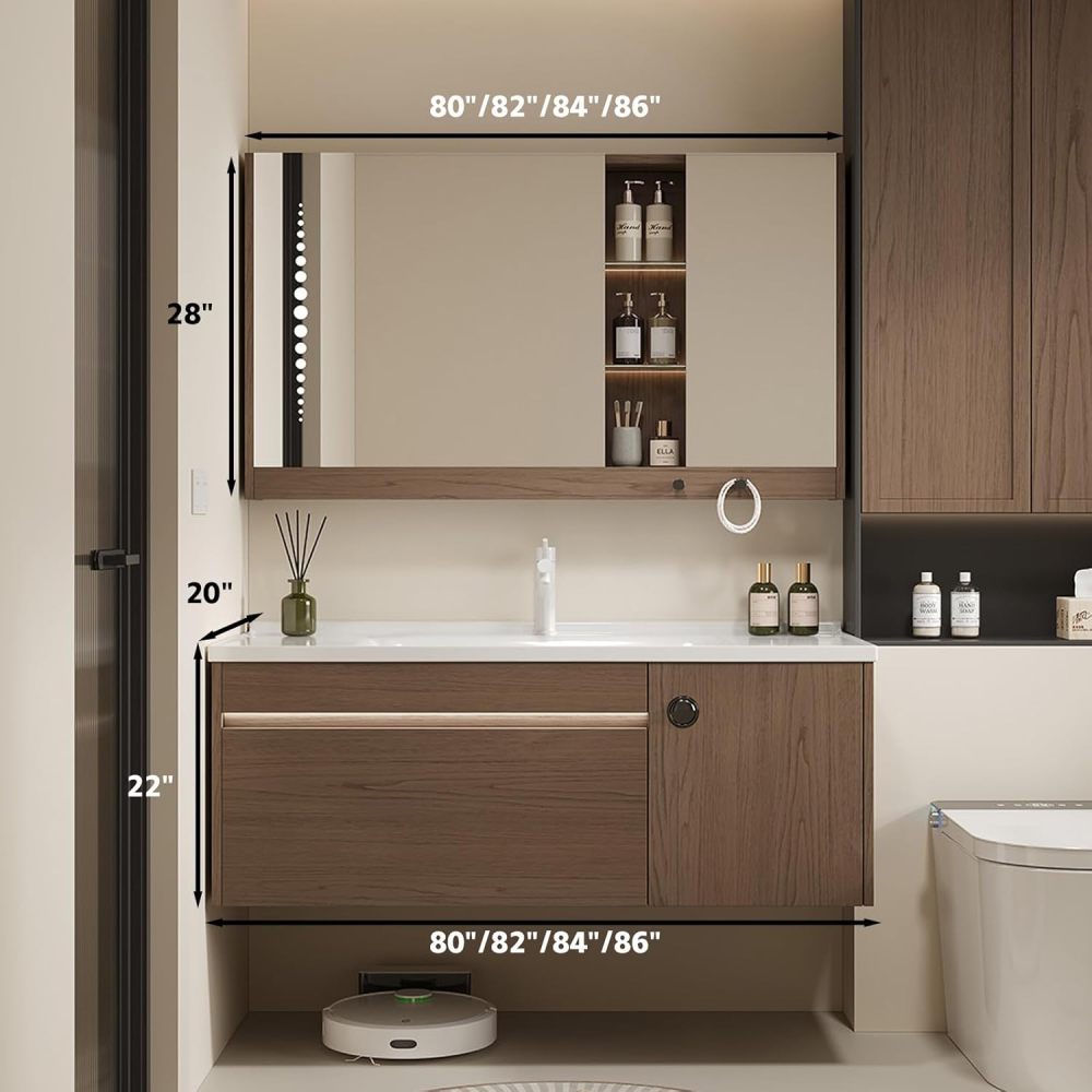 86IN Retro Solid Wood Bathroom Vanity with Sink - Modern Wall-Mounted Floating Vanity Cabinet with Smart Anti-Fog Mirror, Integrated Stone Sink, Multi-Storage for Bathroom, Gray