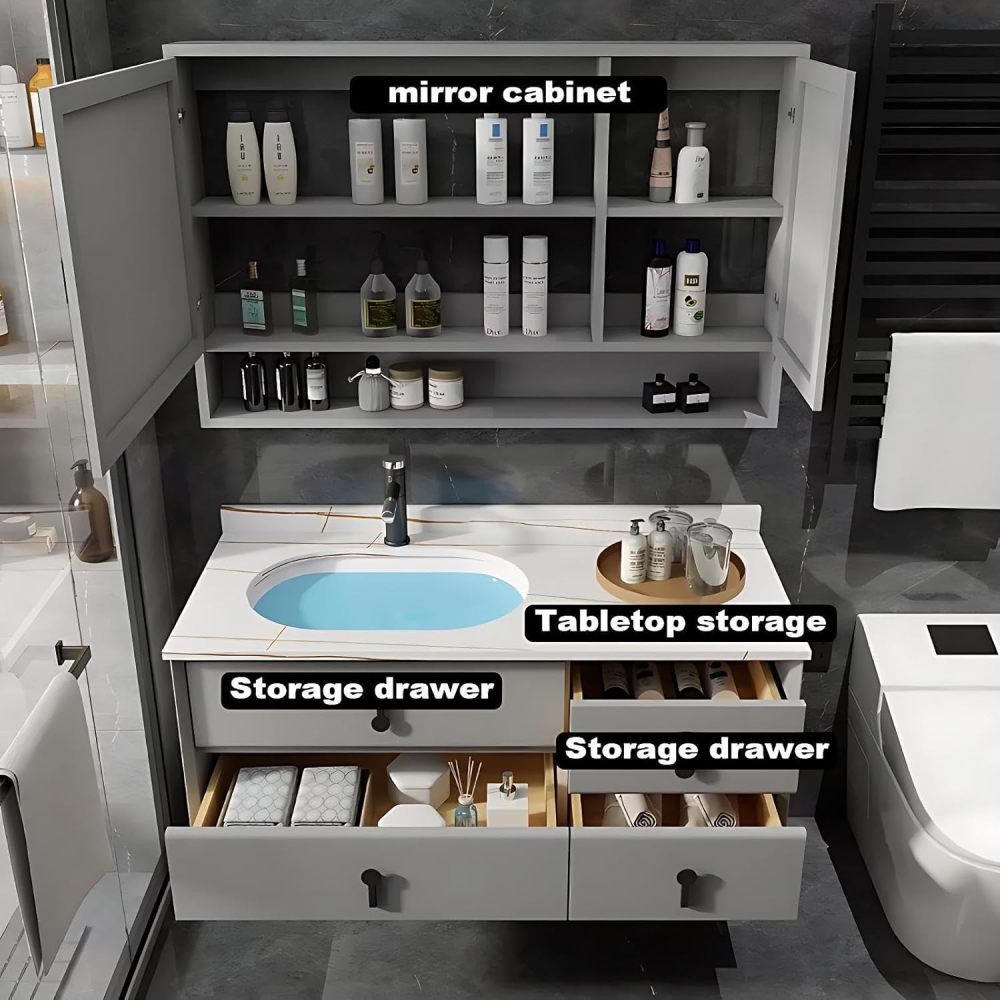 52IN Luxury Bathroom Vanity with Sink - Wall-Mounted Bathroom Vanity Cabinet, Intelligent Defogging, Four Large Storage Drawers, Silent Hinge, Solid Wood - Customizable Size, Mirror Cabinet