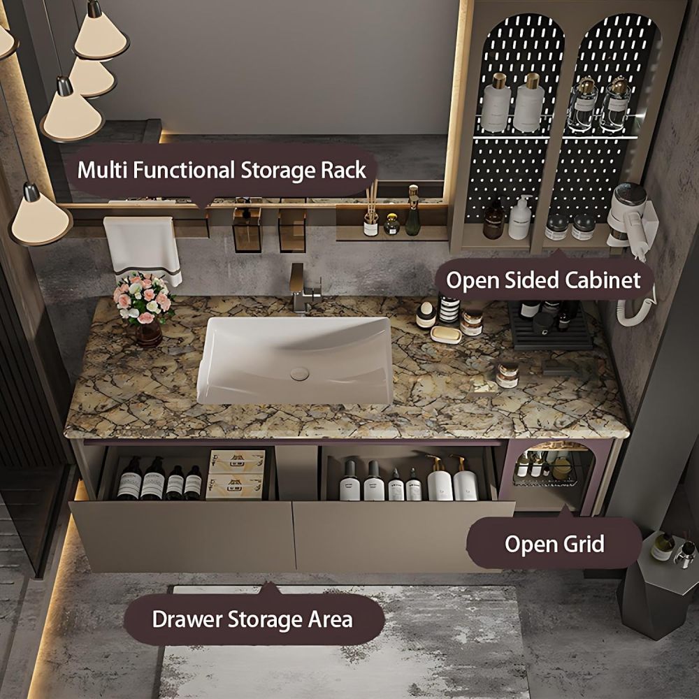 92IN Bathroom Vanity with Sink - Single Bathroom Sink Cabinet with Intelligent Defogging Mirror, Floating Vanity, Multilayer Solid Wood, Custom Size Option - Complete Accessories, Brown