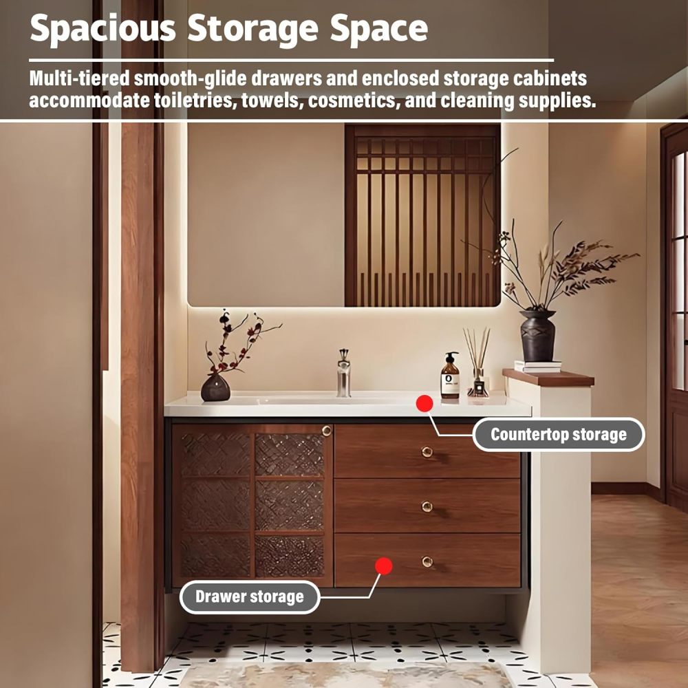 68IN Wood Bathroom Vanity with Sink - Single Floating Sink Design, Solid Wood Bathroom Vanity Cabinet with Anti-Fog Smart Mirror & Roomly Storage - Customizable Sizes, Mirror A