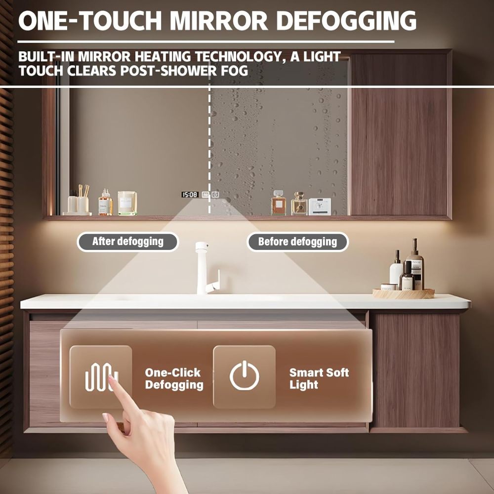 92IN Solid Wood Bathroom Vanity with Sink - Retro Bathroom Vanity Cabinet with Smart Defog Mirror, Floating Wall-Mount Design, Waterproof, Ample Storage for Bathroom, Brown