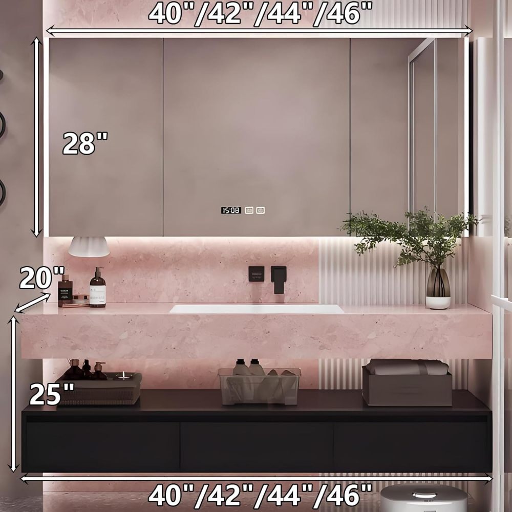 46IN Bathroom Vanity - Luxury Bathroom Vanity with Smart Defog Mirror, Floating Sink Cabinet with 3 Drawers & Open Storage Area, Complete Accessories, No Assembly Required, Pink Mirror Cabinet