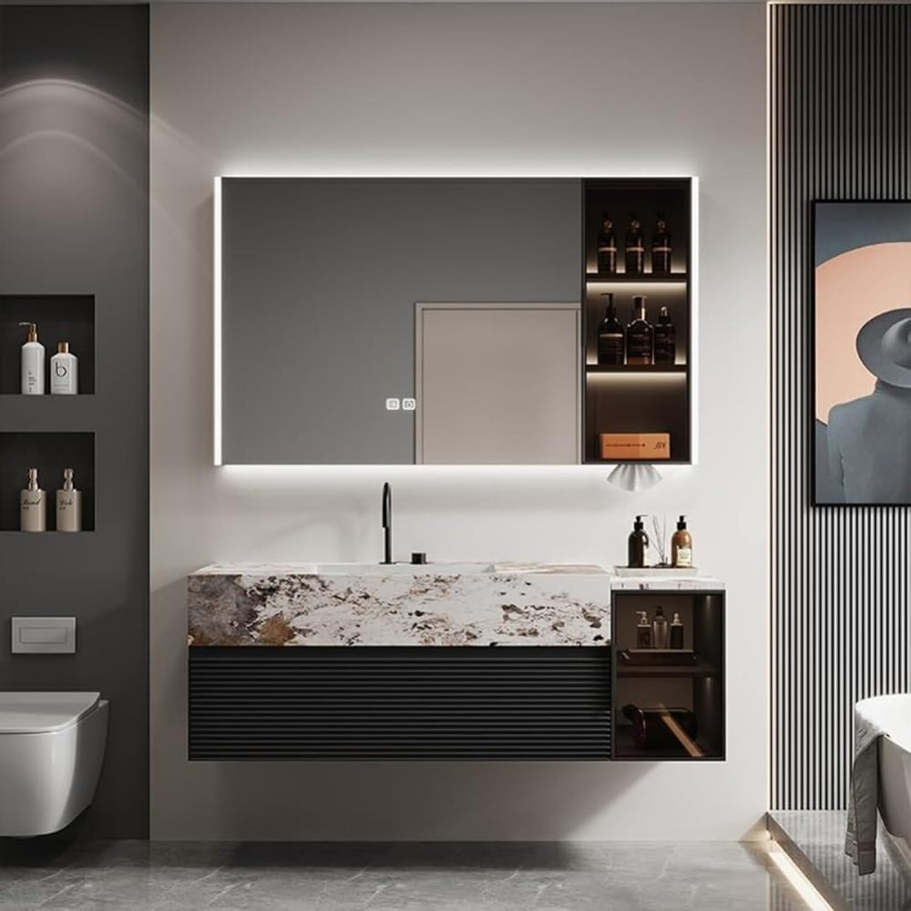 84IN Bathroom Vanity - Modern Bathroom Vanity with Smart Defog Mirror, One-Touch Defog & Lighting, Floating Sink Cabinet with Drawer & Door, No Assembly Required, Black