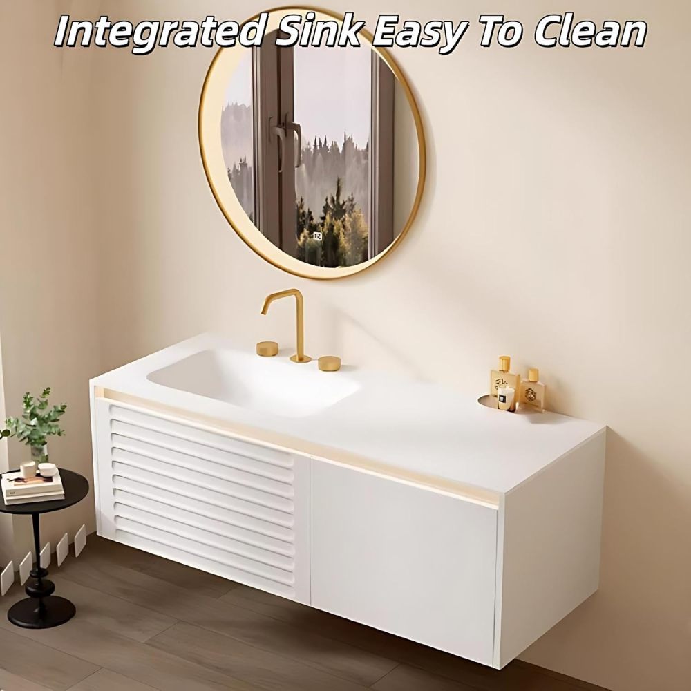 96 inch Bathroom Sink Vanity - Luxury Floating Bathroom Vanity with Anti-Fog Mirror & Drawer, One-Piece Countertop, Solid Wood, Striped Design, Waterproof Coating, Fully Assembled, White A