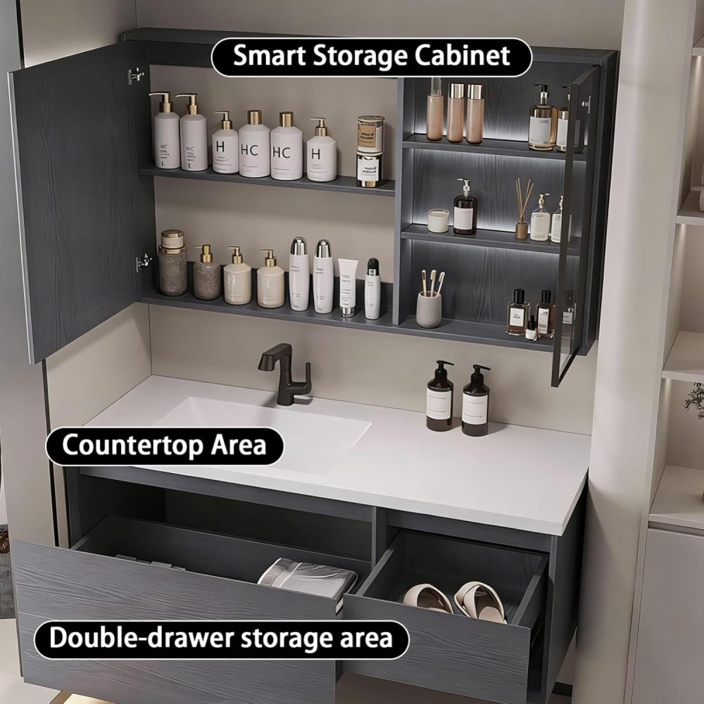 76IN Bathroom Vanity - Modern Bathroom Vanity with Anti-Fog Mirror Cabinet, One-Touch Defog & Lighting, Floating Sink Cabinet with Storage & Seamless Sink, No Assembly Required, Gray
