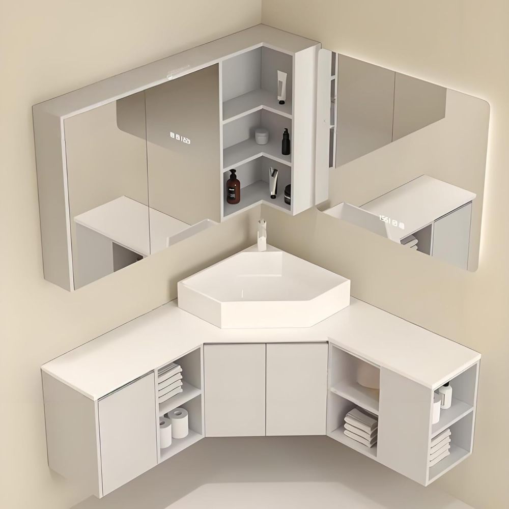 44IN Corner Bathroom Vanity with Sink - Minimalist Bathroom Vanity Cabinet with Smart Defog Mirror & Seamless Integrated Sink, Single Floating Sink - Complete Accessories, White