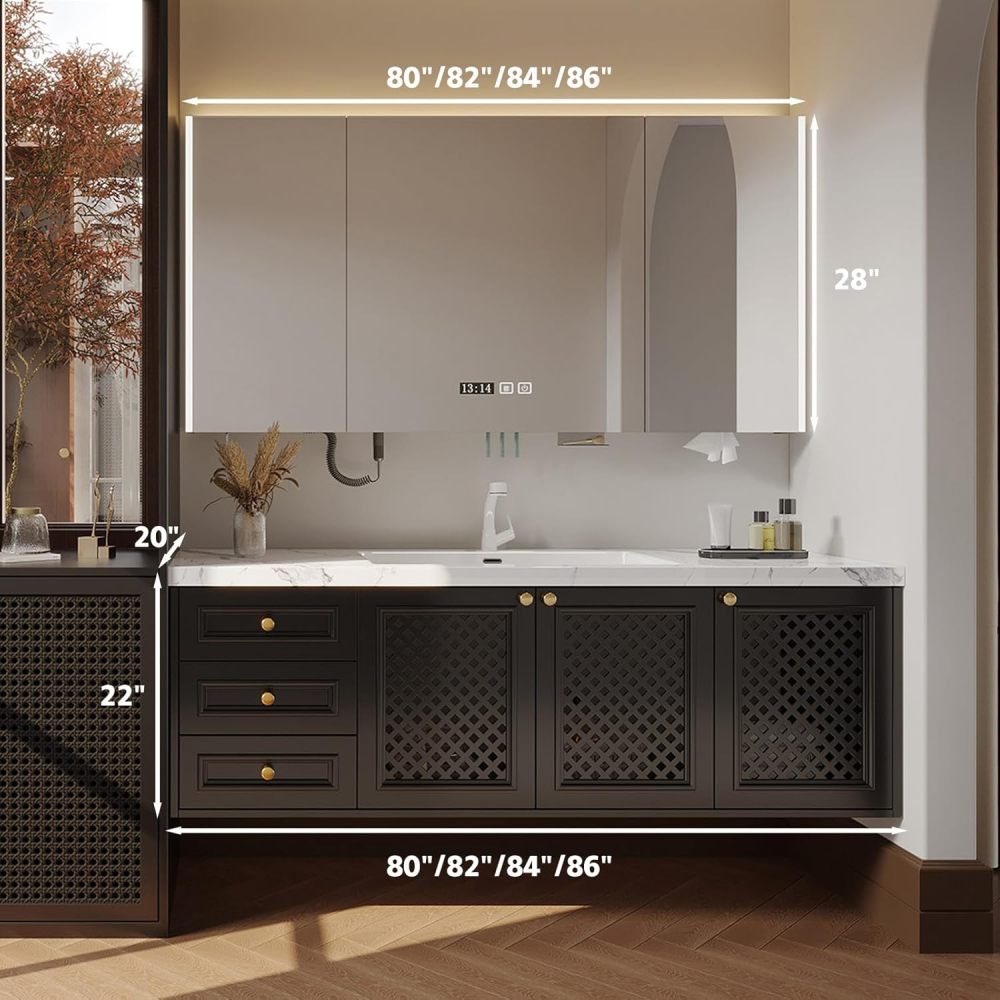 80IN Solid Wood Bathroom Vanity with Sink - Modern Single Bathroom Vanity Cabinet with Smart Defog Mirror & Ample Storage, Waterproof,Floating Design - Custom, Brown