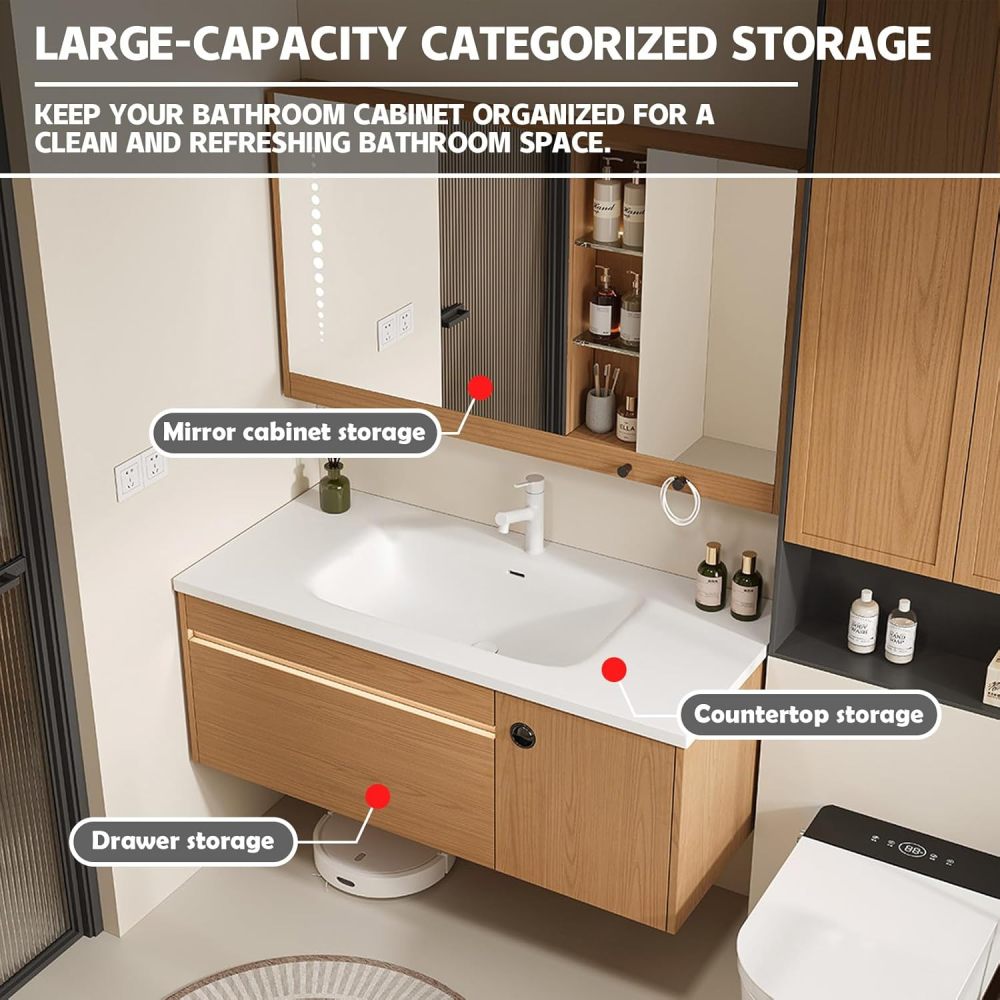 86IN Retro Solid Wood Bathroom Vanity with Sink - Modern Wall-Mounted Floating Vanity Cabinet with Smart Anti-Fog Mirror, Integrated Stone Sink, Multi-Storage for Bathroom, Gray