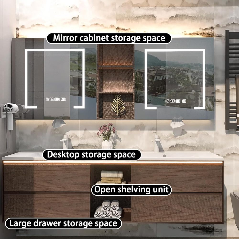 56IN Bathroom Vanity - Modern Bathroom Vanity with Sink & 4 Drawers, Solid Wood Sink Cabinet with Smart Defogging Mirror and Open Storage Space, No Assembly Required, Wood