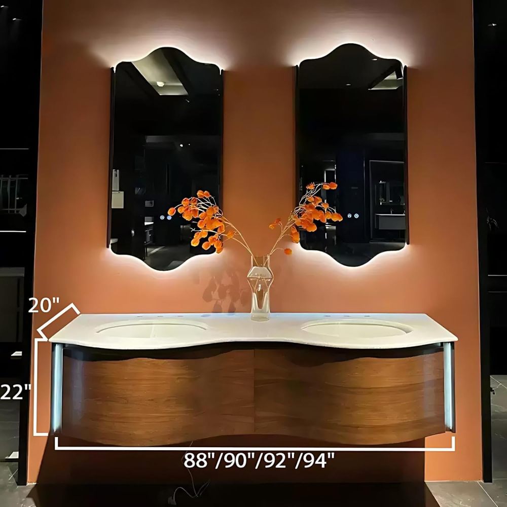 88IN Bathroom Vanity with Sink -Double Floating Sink Design with Smart Defogging Mirror, Solid Wood Bathroom Vanity Cabinet, Easy to Store, Custom Sizes - Complete Accessories, Brown