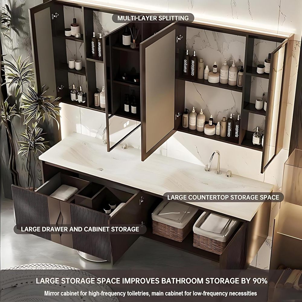 100IN Modern Bathroom Vanity with Sink - Luxury Bathroom Vanity Cabinet with Smart Anti-Fog Mirror, Double Floating Sink Design, Waterproof, Customizable Sizes - Easy to Install, Brown