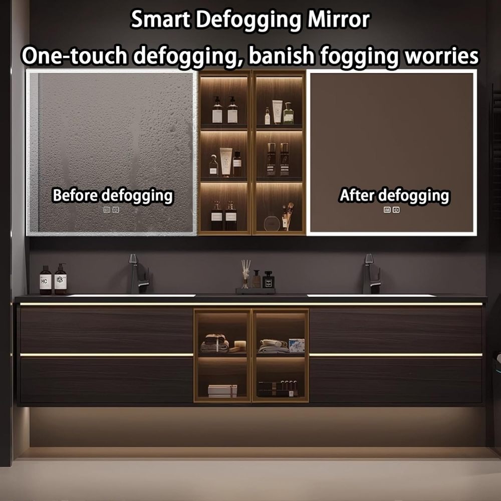 58IN Double Sink Bathroom Vanity - Luxury Bathroom Vanity with Sink & Smart Defog Mirror, Solid Wood Sink Cabinet with Multiple Storage Area, No Assembly Required, BRWO