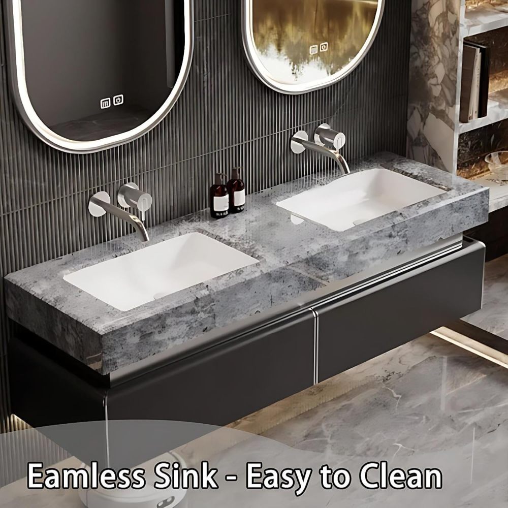 92IN Double Sink Bathroom Vanity - Modern Bathroom Vanity with Smart Defog Mirror, Floating Bathroom Sink Cabinet with 2 Drawers, Complete Accessories, No Assembly Required, Mirror