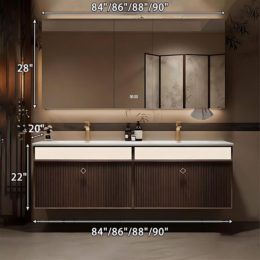88IN Double Sink Bathroom Vanity - Modern Bathroom Vanity with Smart Defog Mirror & 2 Large Capacity Drawers, Floating Sink Cabinet with Seamless Sink, No Assembly Required, Mirror Cabinet