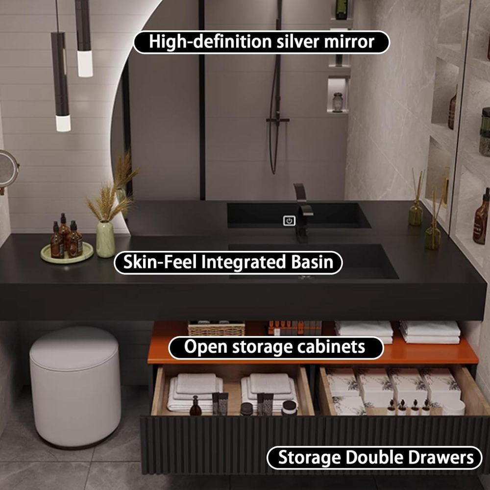 76IN Bathroom Vanity - Modern Bathroom Vanity with Sink & Smart Defog Mirror, Floating Sink Cabinet with 2 Drawers and Open Storage Space, No Assembly Required, Gray