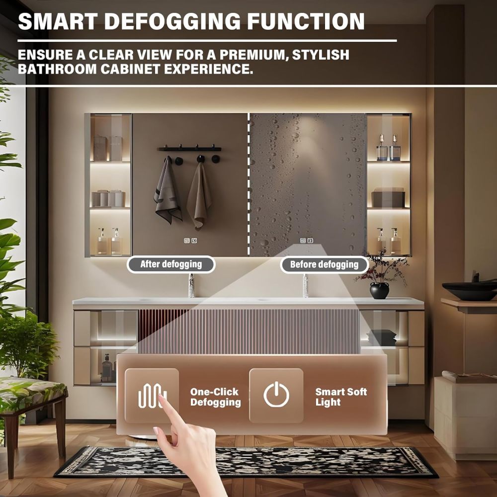 66IN Modern Solid Wood Bathroom Vanity with Sink - Double Floating Sink Design, Bathroom Vanity Cabinet with Smart Anti-Fog Mirror & Ample Storage - Custom, Mirror Cabinet
