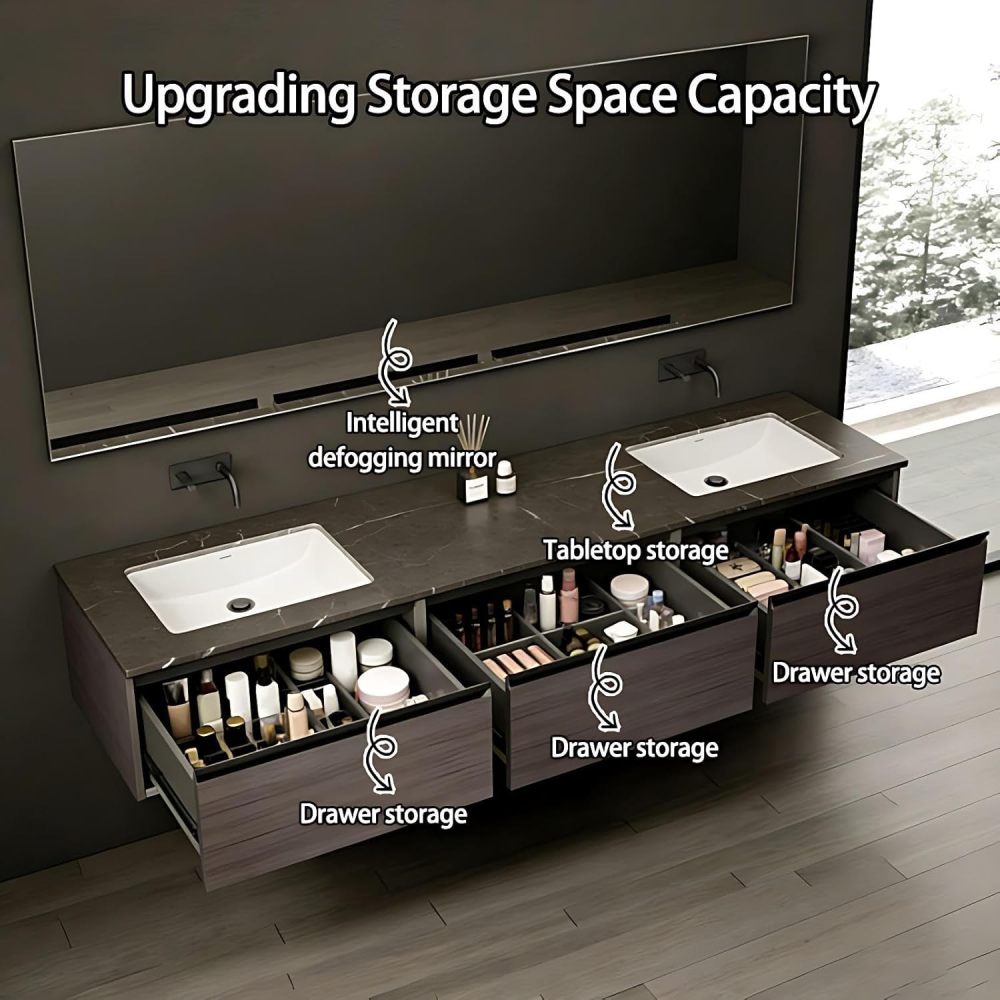 52IN Double Sink Bathroom Vanity - Solid Wood Bathroom Vanity with Smart Defog Mirror, One-Touch Defog & Lighting, Modern Sink Cabinet with 3 Drawers, No Assembly Required