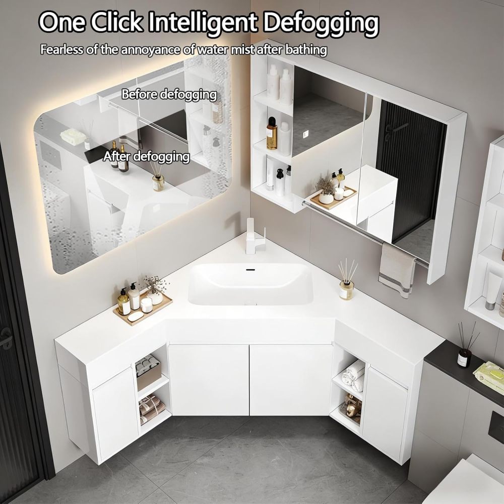 60IN Corner Bathroom Vanity with Sink - Modern Solid Wood Bathroom Vanity Cabinet with Smart Defog Mirror & Storage Mirror Cabinet, Single Floating Sink Design - Complete Accessories