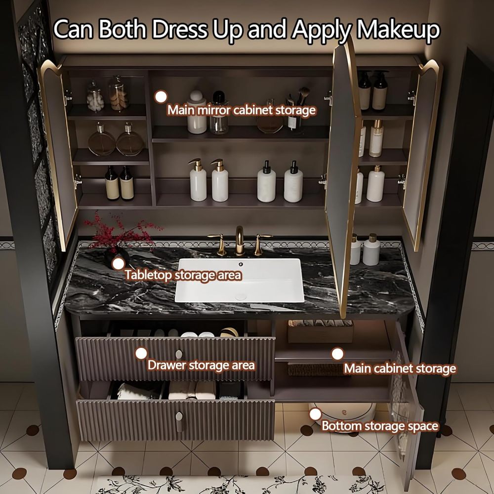 36IN Bathroom Vanity with Sink - Modern Sink Cabinet, Floating Vanity with Intelligent Defogging Mirror, Multi Layer Solid Wood & Sintered Stone Sink - Complete Accessories, Brown