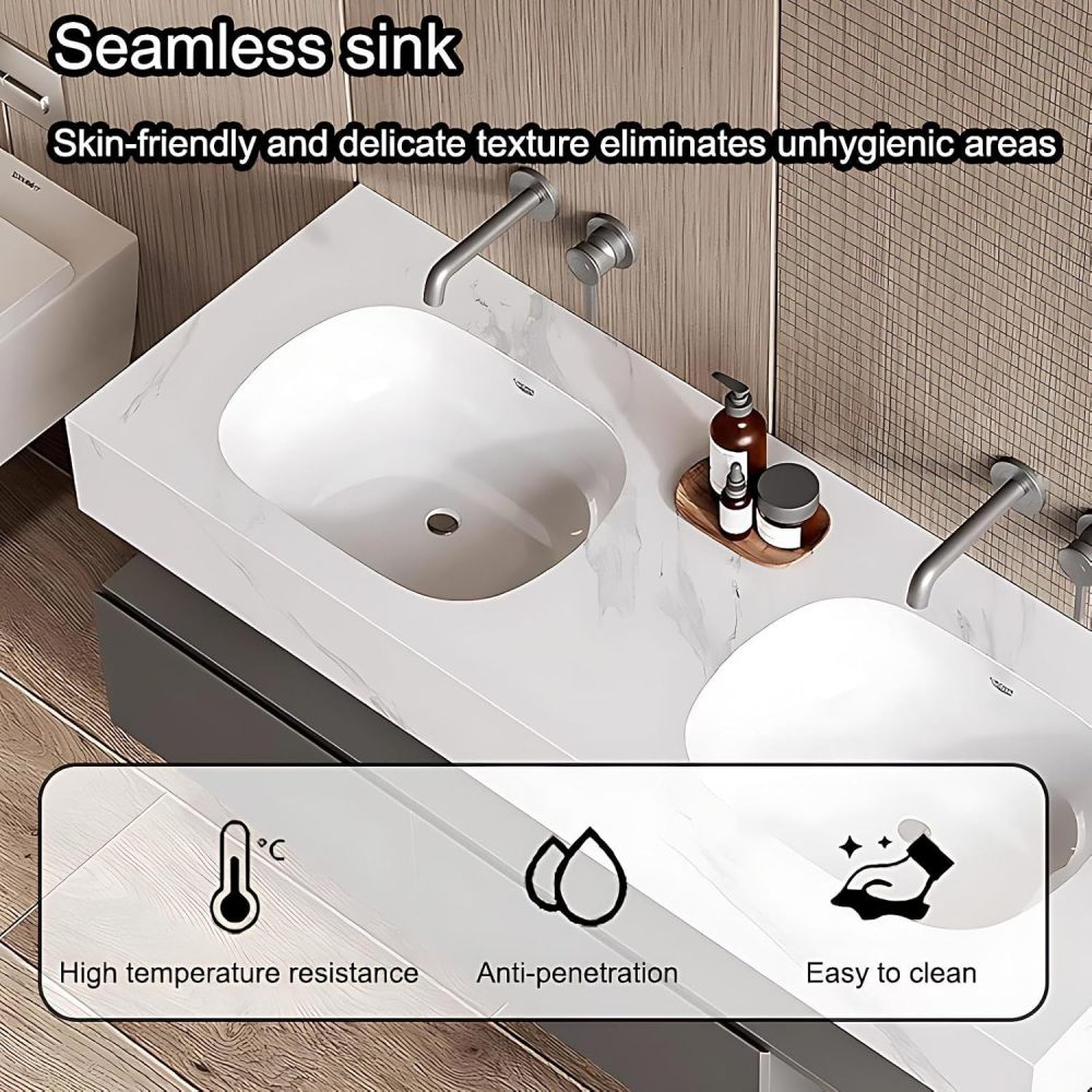 64IN Double Sink Bathroom Vanity - Simple Bathroom Vanity with Smart Defog Mirror, Solid Wood Sink Cabinet with Multiple Storage Areas, No Assembly Required, Gray
